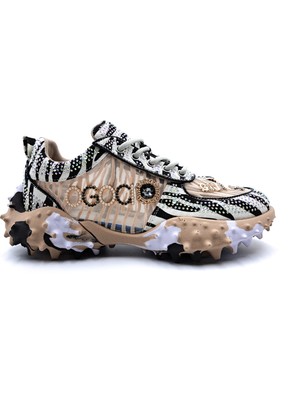 Guja G25Y338 Özel Tasarım Zebra Detay Taşlı Bej Renk Şık Spor Sneaker Ayakkabı