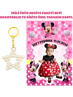 Kişiye Özel Resimli Baskı Kartı ve Anahtarlık Seti. 5 Adet Minnie Mouse Mini Fare Bebek Partisi Baby Sower 1 Yaş Çocuk Doğum Günü Sünnet Mevlit.