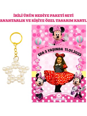 Kişiye Özel Resimli Baskı Kartı ve Anahtarlık Seti. 5 Adet Minnie Mouse Mini Fare Bebek Partisi Baby Sower 1 Yaş Çocuk Doğum Günü Sünnet Mevlit.