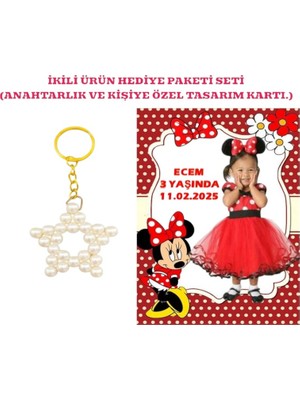 Rita Kişiye Özel Resimli Baskı Kartı ve Anahtarlık Seti. 5 Adet Minnie Mouse Mini Fare Bebek Partisi Baby Sower 1 Yaş Çocuk Doğum Günü Sünnet Mevlit.