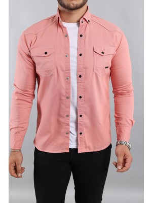 A02Teks Yxcslim Fit Erkek Kot Gömlek Pembe