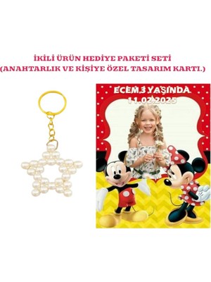 Rita Kişiye Özel Resimli Baskı Kartı ve Anahtarlık Seti. 5 Adet Minnie Mouse Mini Fare Bebek Partisi Baby Sower 1 Yaş Çocuk Doğum Günü Sünnet Mevlit.