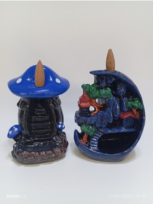 Tedi Sanat Mini Ay Mini Mavi Mantar Geri Akış Şelale Tütsülük Buhurdanlık 10 Adet Tütsü Hediyeli