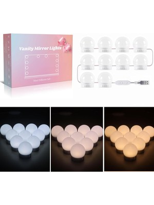 Akynite Ayna Lambası, Usb, LED Ayna Lambası, Hollywood Tarzı, Şalterli, 10 x Kısılabilir Makyaj Işığı, Makyaj Işığı, 3 Renk Modu ve 10 Parlaklık, Makyaj Masası Için Ayna Aydınlatması, Kozmetik Aynası