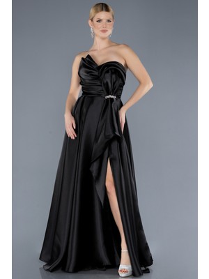 Straplez Bacak Dekolteli Uzun Saten Abiye ABU4561