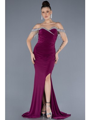 Taşlı Kayık Yaka Yırtmaçlı Uzun Abiye Elbise ABU4553