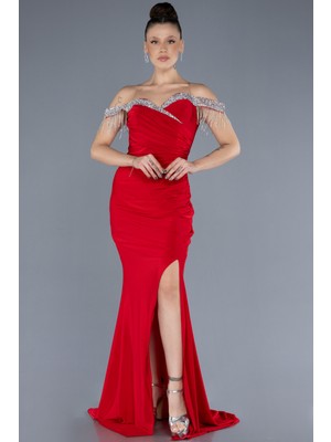 Taşlı Kayık Yaka Yırtmaçlı Uzun Abiye Elbise ABU4553