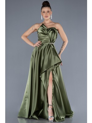 Straplez Bacak Dekolteli Uzun Saten Abiye ABU4561