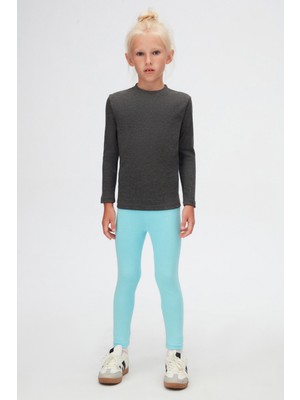 Antrasit Basic Unisex Çocuk Kışlık Sıfır Yaka Uzun Kollu Tişört