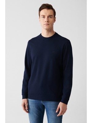 AVVA Erkek Lacivert İnterlok Kumaş Bisiklet Yaka Arkası Baskılı Sweatshirt A31Y1201