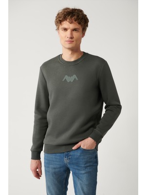 AVVA Erkek Haki Şardonlu Kumaş Bisiklet Yaka Enjeksiyon Baskılı Sweatshirt A32Y1273