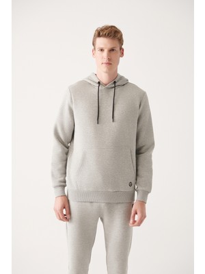 AVVA Erkek Gri Kapüşonlu 3 Iplik Şardonlu Pamuklu Sweatshirt E001018