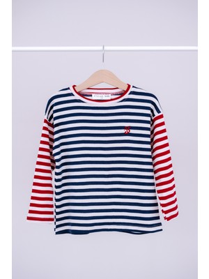 Belirtilmemiş Uzun Kollu Lacivert Çizgili T-Shirt Erkek Çocuk İçin Pamuklu Günlük Stil 5 - 6 Yaş