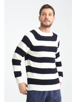 Erkek Siyah - Beyaz Çizgili Triko Kazak