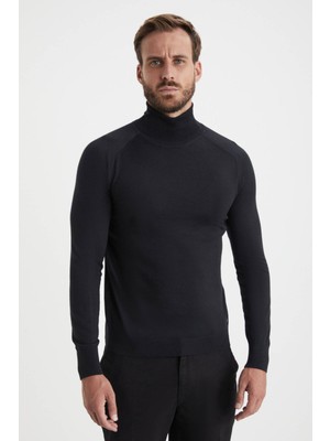 Hemington Boğazlı Slim Fit Merino Yün Siyah Triko