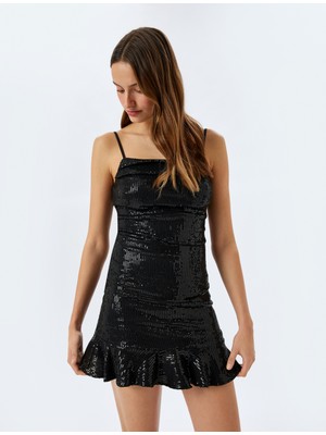 Koton Ip Askılı Pullu Payetli Volanlı Kare Yaka Mini Abiye Elbise