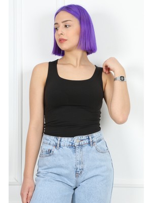 Cidde Kadın Basic Kare Yaka Likralı Kolsuz Bluz Kalın Askılı Atlet/sıyah/l