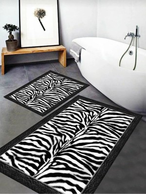 Uyke Dijital Baskı Zebra Desenli Kaymaz Taban Yıkanabilir 2'li Banyo Paspas Takımı 60 x 100 - 50 x 60