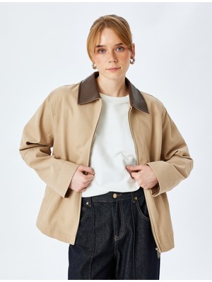 Koton Pamuklu Gabardin Kumaş Suni Deri Yaka Uzun Kollu Fermuarlı Ceket