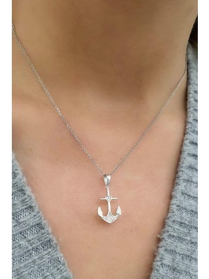 Zirkon Taş Detaylı 925 Ayar Gümüş Çapa Kolye