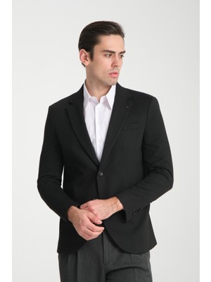 Frappoli Jasino Erkek Slim Fit Casual Blazer Ceket Siyah Pamuklu Likralı Esneyen Mono Yaka Özellikli