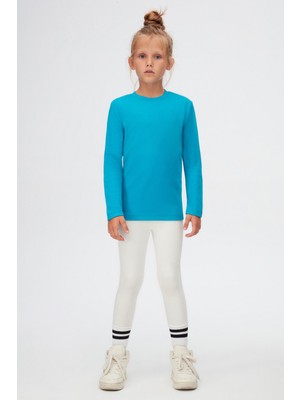 Koyu Turkuaz Basic Unisex Çocuk Kışlık Sıfır Yaka Uzun Kollu Tişört