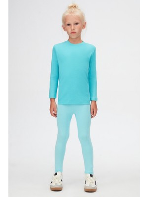 Açık Turkuaz Basic Unisex Çocuk Kışlık Sıfır Yaka Uzun Kollu Tişört