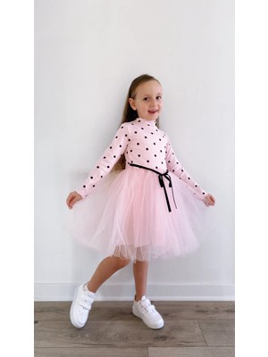 Şirin Şeyler Butiği Linda Kız Bebek Çocuk Elbise Puantiyeli Esnek Likralı Pembe