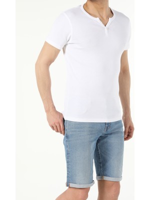 Slim Fit Placket Neck  Erkek Beyaz Kısa Kol Tişört Cl1040245