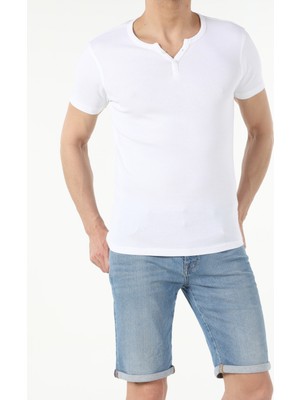 Slim Fit Placket Neck  Erkek Beyaz Kısa Kol Tişört Cl1040245