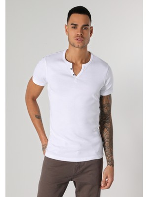 Slim Fit Placket Neck  Erkek Beyaz Kısa Kol Tişört Cl1040245