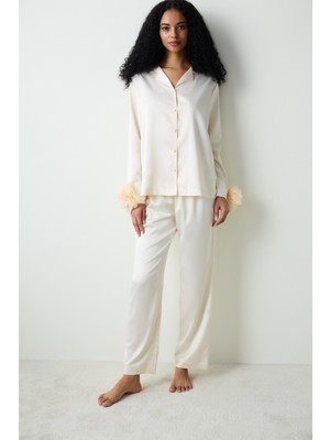 Penti Roses Saten Gömlek Pantolon Krem Pijama Takımı