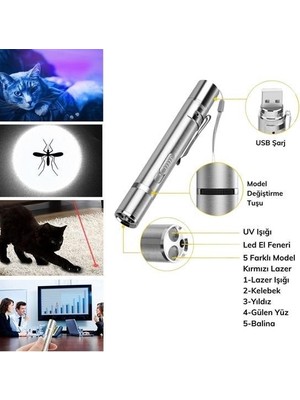 Sylar USB Ile Şarj Edilebilen 3ın 1 Kırmızı Işık +Beyaz LED Meşale Işık + Uv El Feneri Kedi Lazeri