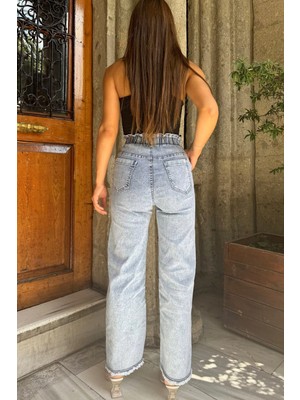 Kadın Yüksek Bel Paça Püsküllü Taş Detaylı Likralı Jean Kot Pantolon P-00012131