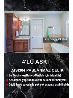 Cgs Home 4 Kancalı Kendinden Yapışkanlı Paslanmaz Banyo Askısı / Bornoz Askısı / Havlu Askısı