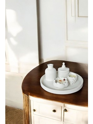 Krem Sunumluk Takı Tabağı Dekoratif Tepsi Obje Seti 5 Parça Model 1025