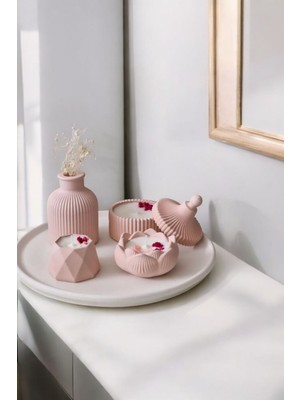 Pembe Sunumluk Takı Tabağı Dekoratif Tepsi Obje Seti 5 Parça Model 1023