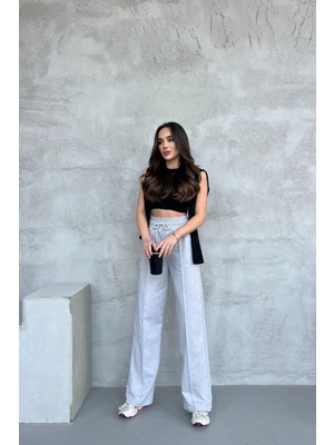 Mmetalic Kadın Mevsimlik Salaş Geniş Paça Yüksek Bel Gri Eşofman Altı