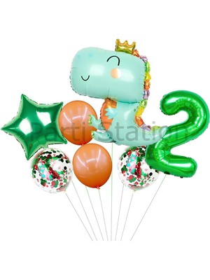 Sevimli Dinozor Konsept Yeşil  2 Yaş Balon Set Jurassic Dinozor Tema Doğum Günü Folyo Balon Set
