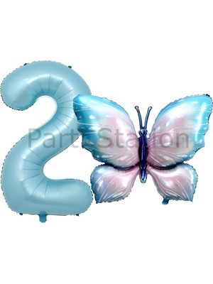 Pembe Mavi Kelebek ve Mavi Rakam Balon 2 Yaş Balon Set Kelebek Konsept Doğum Günü Folyo Balon Set