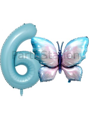 Pembe Mavi Kelebek ve Mavi Rakam Balon 6 Yaş Balon Set Kelebek Konsept Doğum Günü Folyo Balon Set