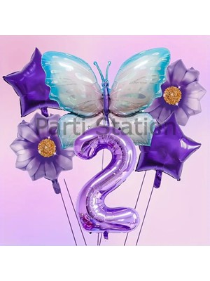 Mor Kelebek 2 Yaş Balon Set Mor Papatya Kelebek Konsept Doğum Günü Balon Set