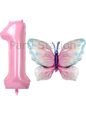 Pembe Kelebek ve Pembe Rakam Balon 1 Yaş Balon Set Kelebek Konsept Doğum Günü Folyo Balon Set