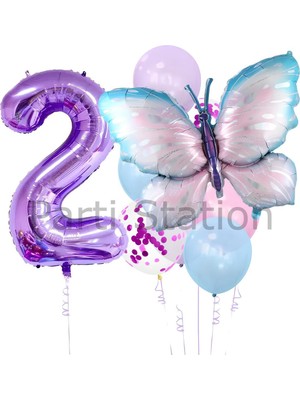 Mavi Pembe  Kelebek 2 Yaş Mor Rakam Balon Set Kelebek Konsept Doğum Günü Balon Set