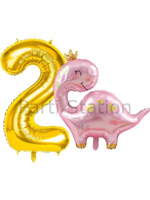 Pembe Dinozor 2 Yaş Gold Renk Rakam Balon Set Sevimli Pembe Dinozor Konsept Doğum Günü Balon Set