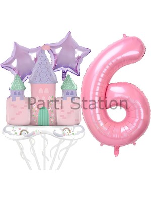 Prenses Konsept 6 Yaş Pembe Renk Rakam Balon Set Prenses Evi Şato Balon Konsept Doğum Günü Balon Set