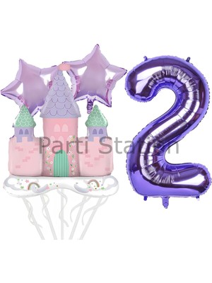 Prenses Konsept 2 Yaş Mor Renk Rakam Balon Set Prenses Evi Şato Balon Konsept Doğum Günü Balon Set
