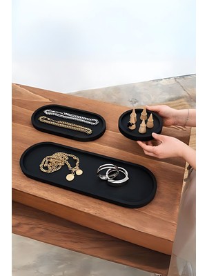 Siyah Sunumluk Takı Tabağı Dekoratif Tepsi Obje Seti 3 Parça Model 1012