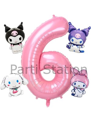 Kuromi 6 Yaş Mini Pembe Balon Set Kuromi Mymelody Cinnamonroll Konsept Doğum Günü Balon Set