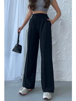 Comeor Kadın Mevsimlik Salaş Geniş Paça Yüksek Bel Siyah Eşofman Altı